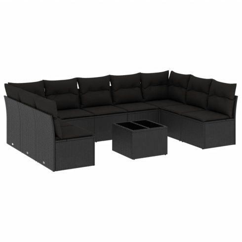 10 részes fekete polyrattan kerti ülőgarnitúra párnákkal