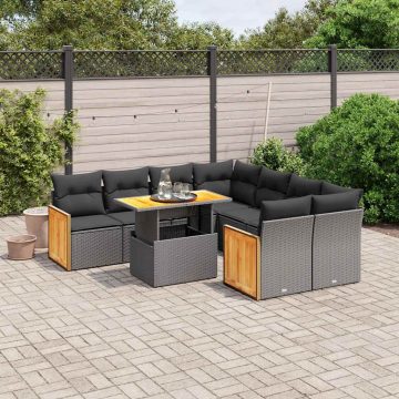   9 részes fekete polyrattan kerti ülőgarnitúra párnákkal