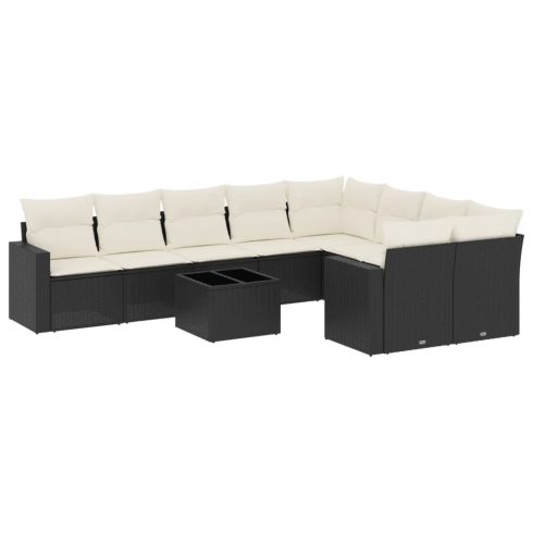 10 részes fekete polyrattan kerti ülőgarnitúra párnákkal