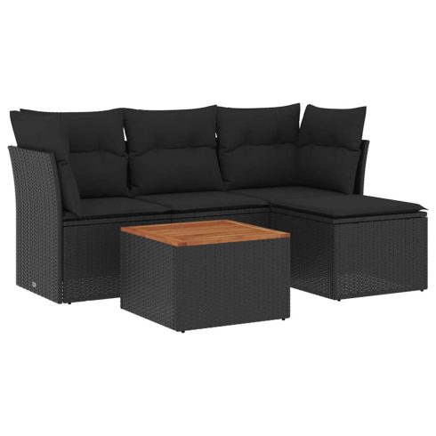 5 részes fekete polyrattan kerti kanapészett párnákkal