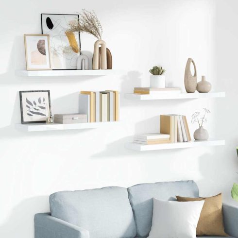4 db magasfényű fehér MDF lebegő fali polc 90 x 23,5 x 3,8 cm