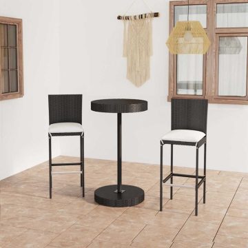 3 részes fekete polyrattan kültéri bárszett párnákkal
