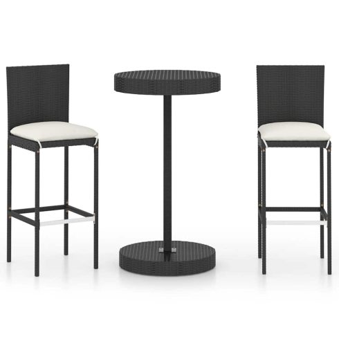 3 részes fekete polyrattan kültéri bárszett párnákkal