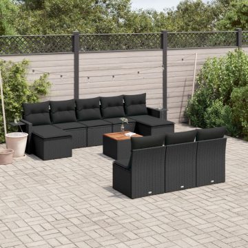   11 részes fekete polyrattan kerti ülőgarnitúra párnákkal