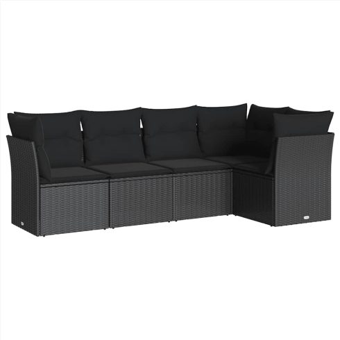5 részes fekete polyrattan kerti kanapészett párnákkal