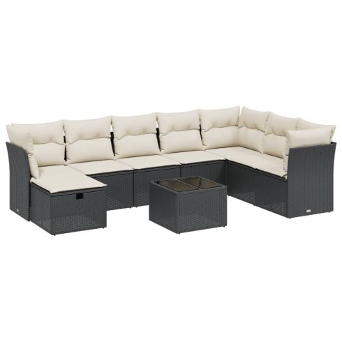 9 részes fekete polyrattan kerti ülőgarnitúra párnákkal