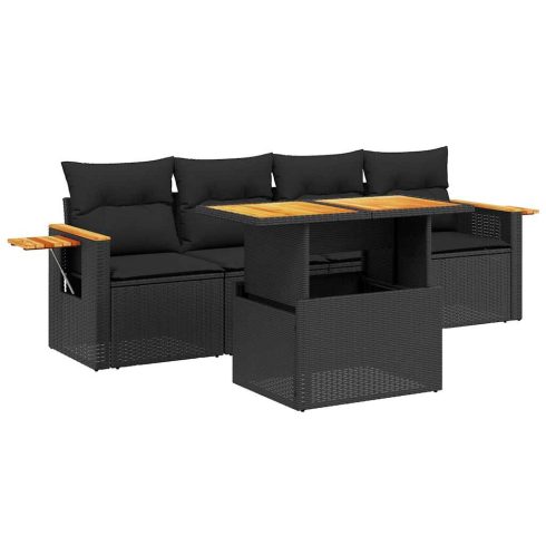 5 részes fekete polyrattan kerti kanapészett párnákkal