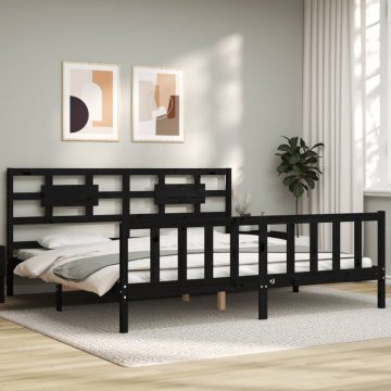 Fekete tömör fa ágykeret fejtámlával 200 x 200 cm