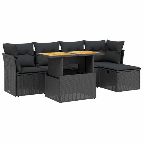 6 részes fekete polyrattan kerti ülőgarnitúra párnákkal