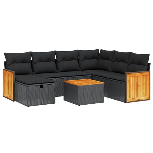 8 részes fekete polyrattan kerti ülőgarnitúra párnákkal