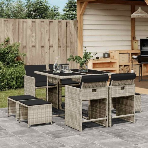 9részes világosszürke polyrattan kerti étkezőgarnitúra párnával