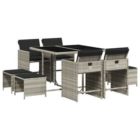 9részes világosszürke polyrattan kerti étkezőgarnitúra párnával