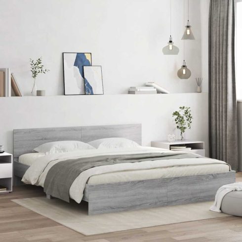 Szürke sonoma színű ágykeret fejtámlával és LED-del 200x200 cm