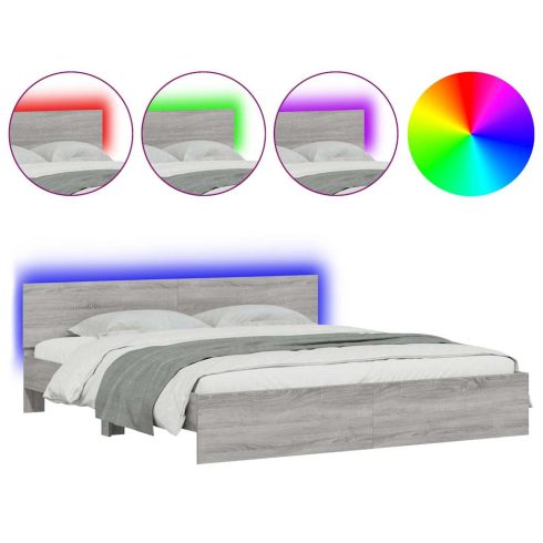 Szürke sonoma színű ágykeret fejtámlával és LED-del 200x200 cm