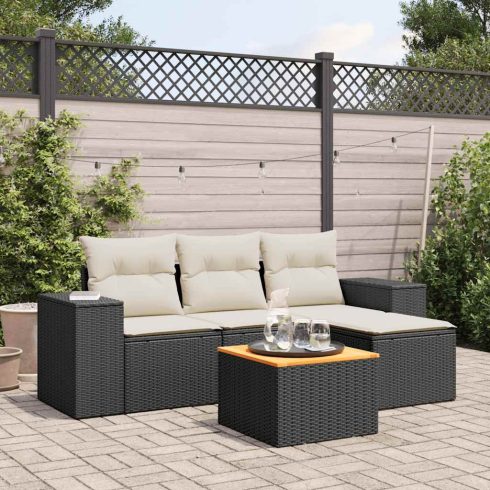5 részes fekete polyrattan kerti kanapészett párnákkal