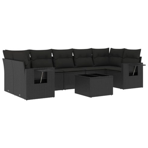 8 részes fekete polyrattan kerti ülőgarnitúra párnákkal