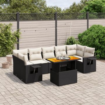  8 részes fekete polyrattan kerti ülőgarnitúra párnákkal