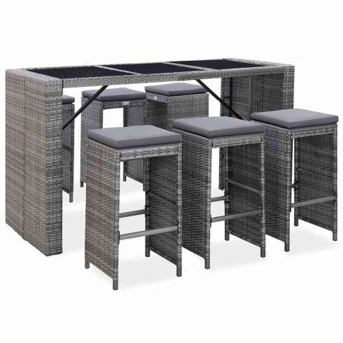 7 darabos szürke polyrattan kerti bárszett párnákkal
