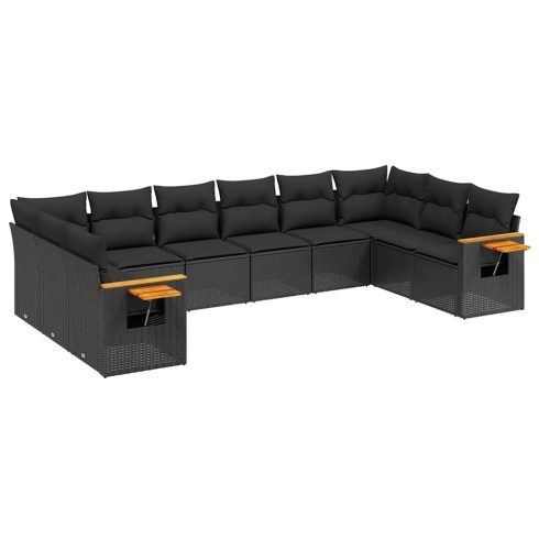 10 részes fekete polyrattan kerti ülőgarnitúra párnákkal
