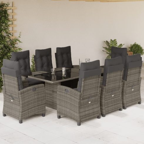 9 részes szürke polyrattan kerti étkezőgarnitúra párnával