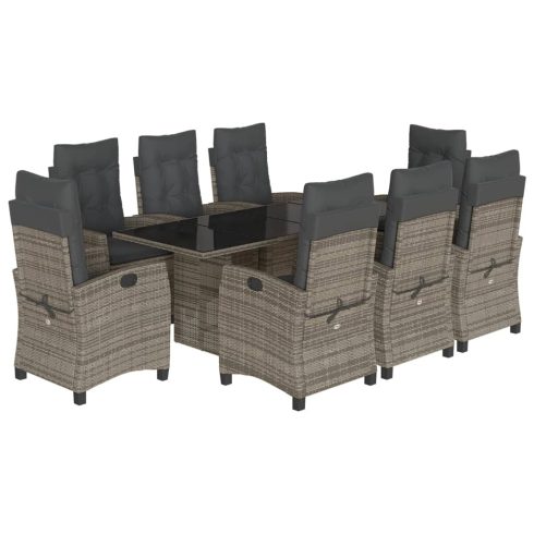 9 részes szürke polyrattan kerti étkezőgarnitúra párnával