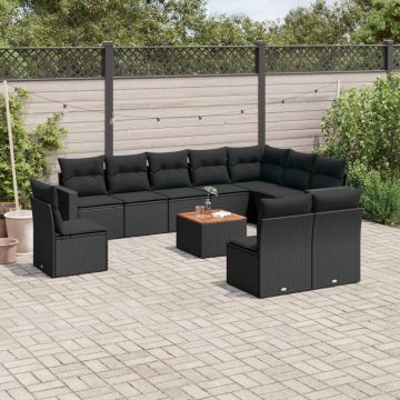   11 részes fekete polyrattan kerti ülőgarnitúra párnákkal