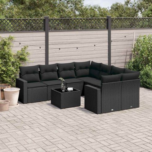 9 részes fekete polyrattan kerti ülőgarnitúra párnákkal