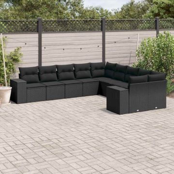   10 részes fekete polyrattan kerti ülőgarnitúra párnákkal