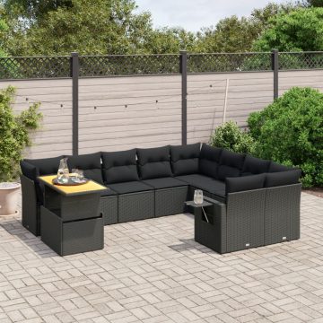  10 részes fekete polyrattan kerti ülőgarnitúra párnákkal