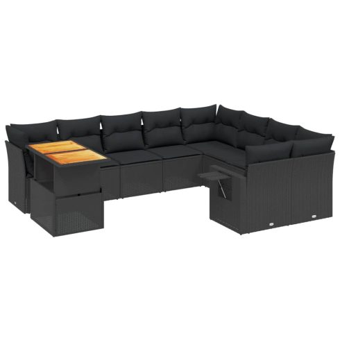 10 részes fekete polyrattan kerti ülőgarnitúra párnákkal
