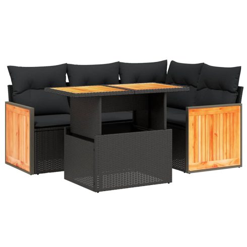 5 részes fekete polyrattan kerti kanapészett párnákkal