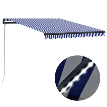   Kék és fehér kézzel kihúzható LED-es napellenző 300 x 250 cm