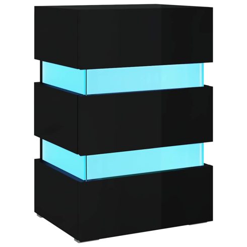 Magasfényű fekete szerelt fa LED-es éjjeliszekrény 45x35x67 cm