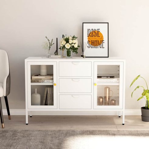 Fehér acél és edzett üveg tálalószekrény 105 x 35 x 70 cm