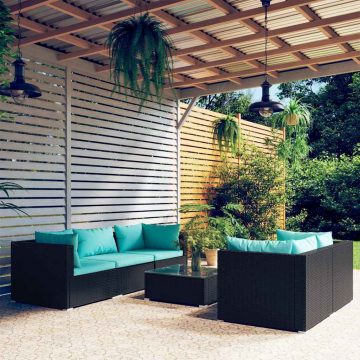   6 részes fekete polyrattan kerti ülőgarnitúra párnákkal