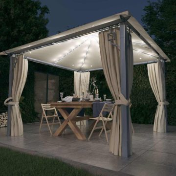   Krémszínű alumíniumpavilon függönnyel/LED fényfüzérrel 3 x 3 m