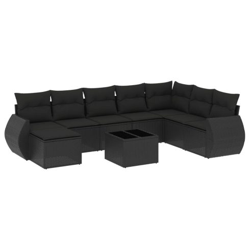 9 részes fekete polyrattan kerti ülőgarnitúra párnákkal