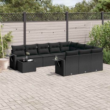   11 részes fekete polyrattan kerti ülőgarnitúra párnákkal