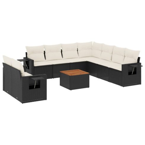 10 részes fekete polyrattan kerti ülőgarnitúra párnákkal