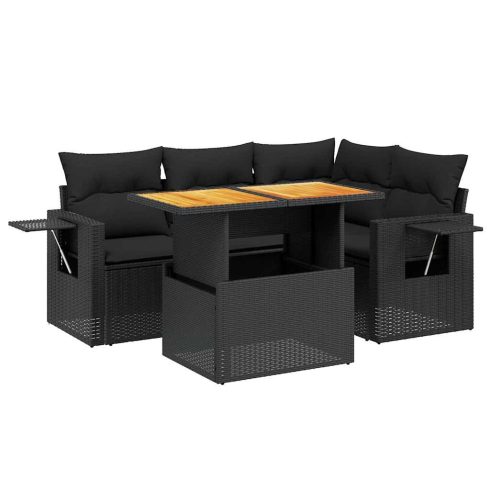 5 részes fekete polyrattan kerti kanapészett párnákkal