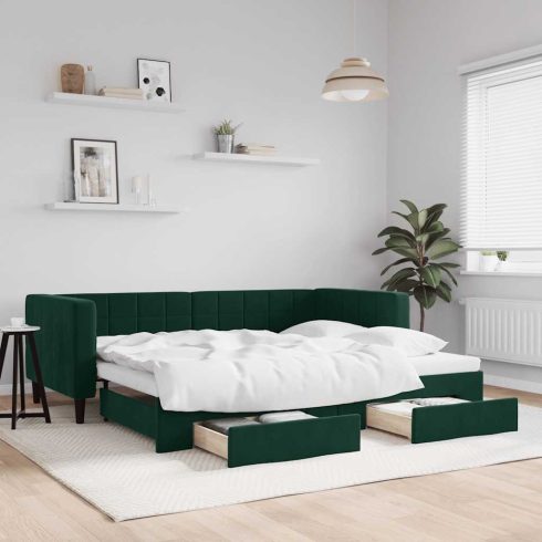 Sötétzöld kihúzható bársony heverő fiókkal 90 x 200 cm