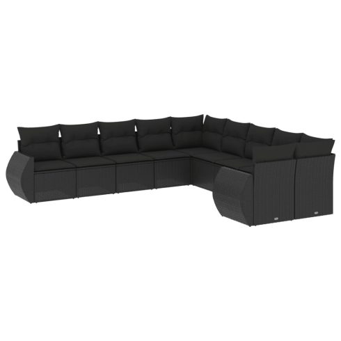 10 részes fekete polyrattan kerti ülőgarnitúra párnákkal