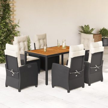   7 részes fekete polyrattan kerti étkezőgarnitúra párnával