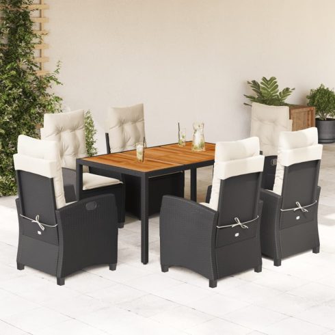 7 részes fekete polyrattan kerti étkezőgarnitúra párnával