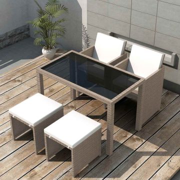   5-részes bézs polyrattan kültéri étkezőszett párnákkal