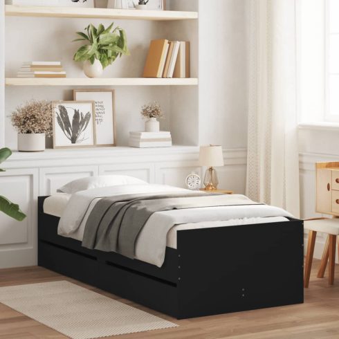 Fekete kicsi egyszemélyes ágykeret fiókokkal 75 x 190 cm