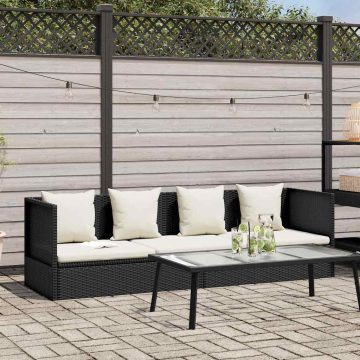 Fekete polyrattan kerti ágy hát- és ülőpárnákkal