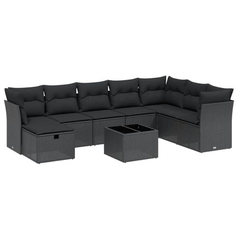 9 részes fekete polyrattan kerti ülőgarnitúra párnákkal
