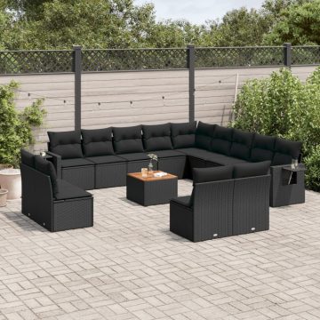   14 részes fekete polyrattan kerti ülőgarnitúra párnákkal