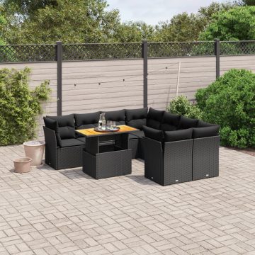   9 részes fekete polyrattan kerti ülőgarnitúra párnákkal